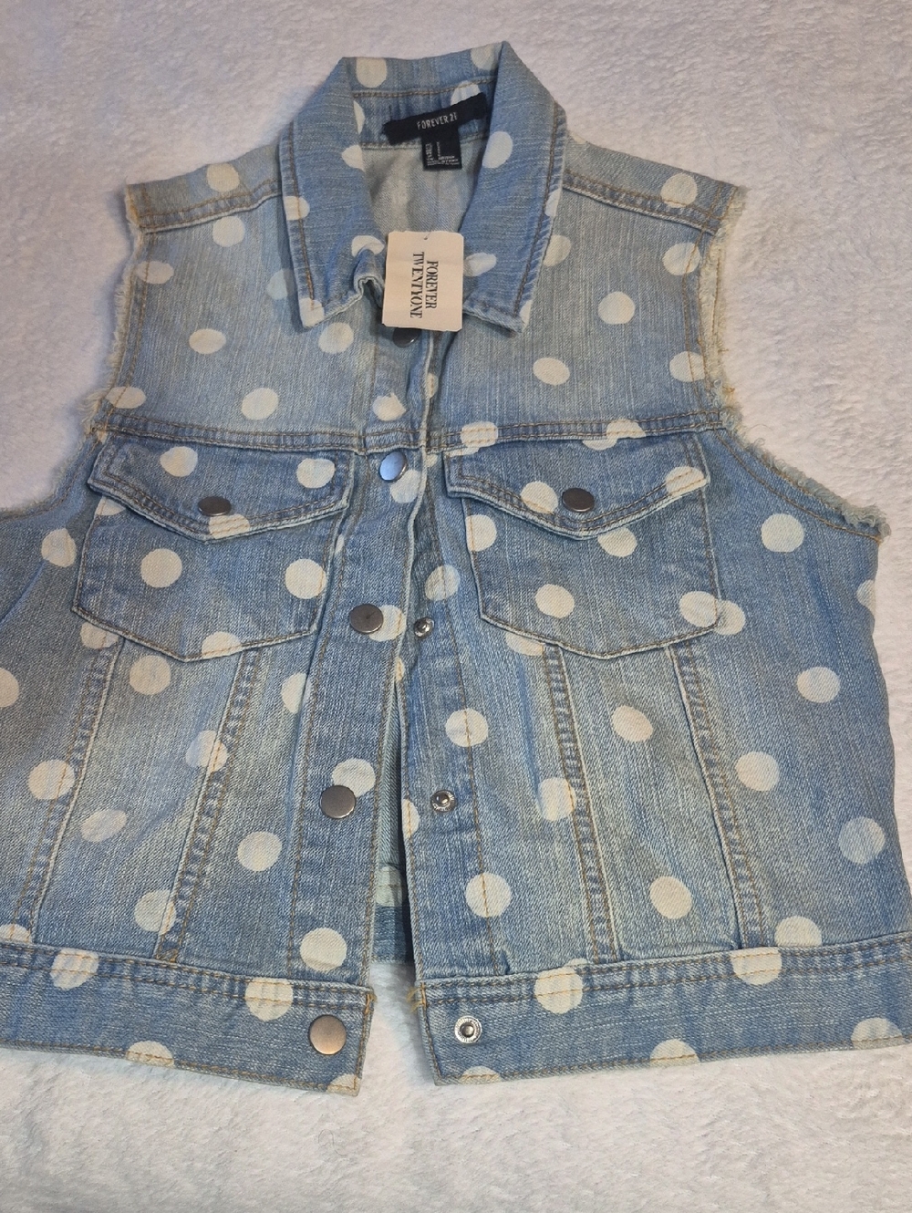 Forever 21 Light Wash Denim Vest with White Polka Dots Sz. S